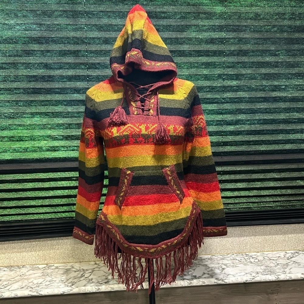 Alpaca Fina Women’s Hooded Pullover Striped w Fringe 100% Alpaca Wool Sweater XS